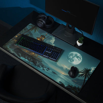 Dreamy moonlit seaside gaming mouse pad with tropical beach, lighthouse