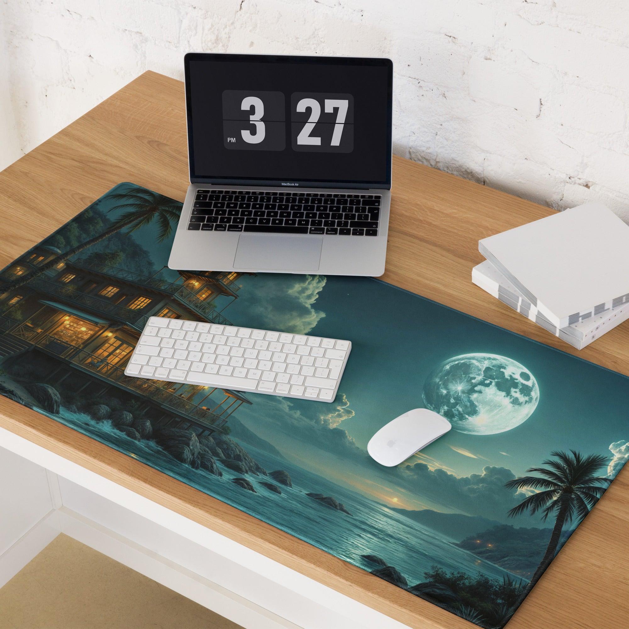 Dreamy moonlit seaside house gaming mouse pad with coastal night scene