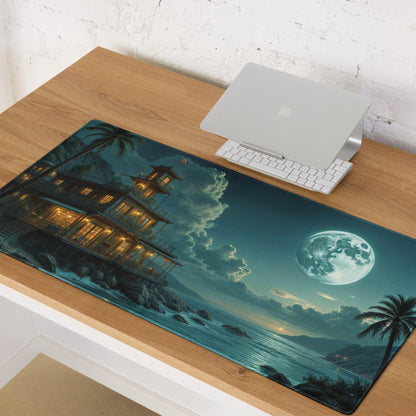 Dreamy moonlit seaside house gaming mouse pad with glow, palms, waves