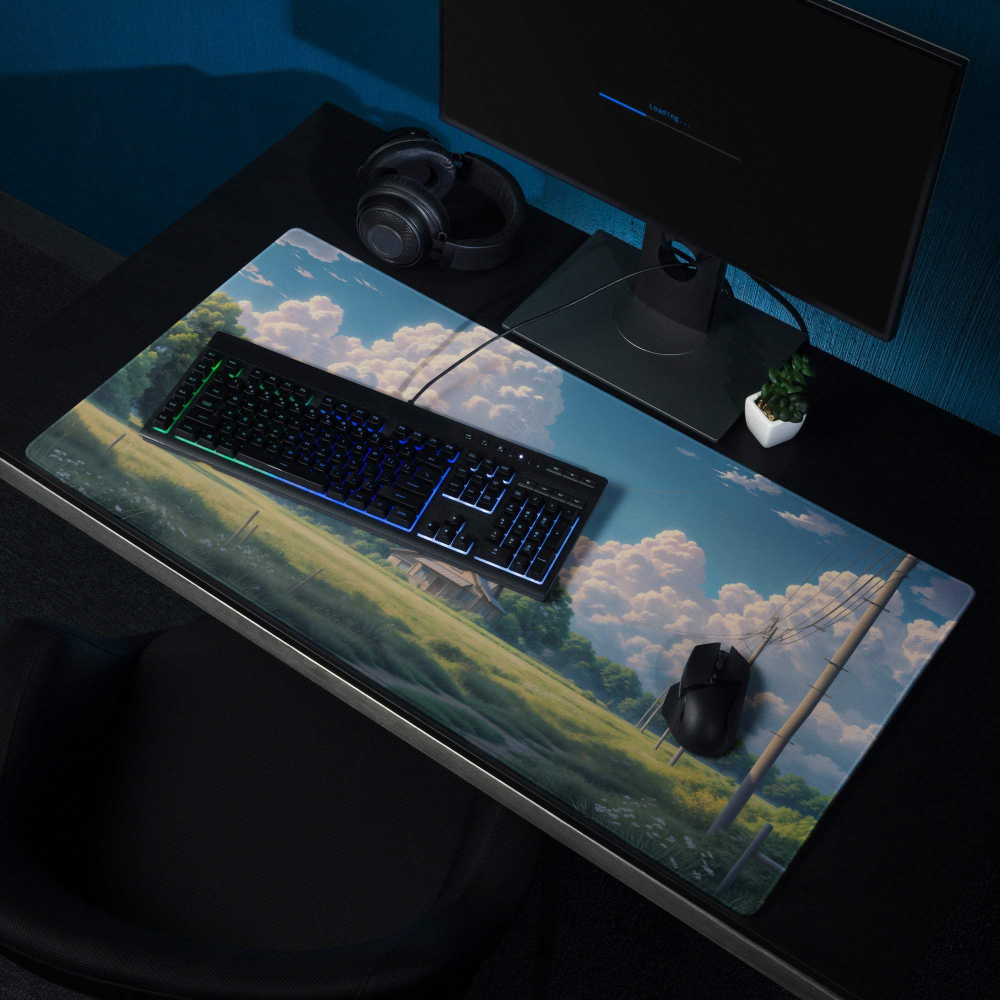 Serene countryside anime landscape gaming mouse pad with large non-slip surface