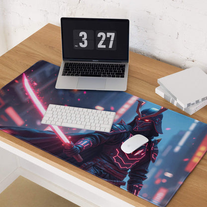 Epic Neon Knight cyberpunk gaming mouse pad with ninja lightsaber glow