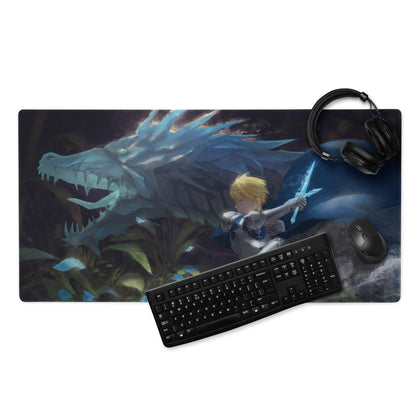Epic dark fantasy knight and blue dragon battle gaming mouse pad
