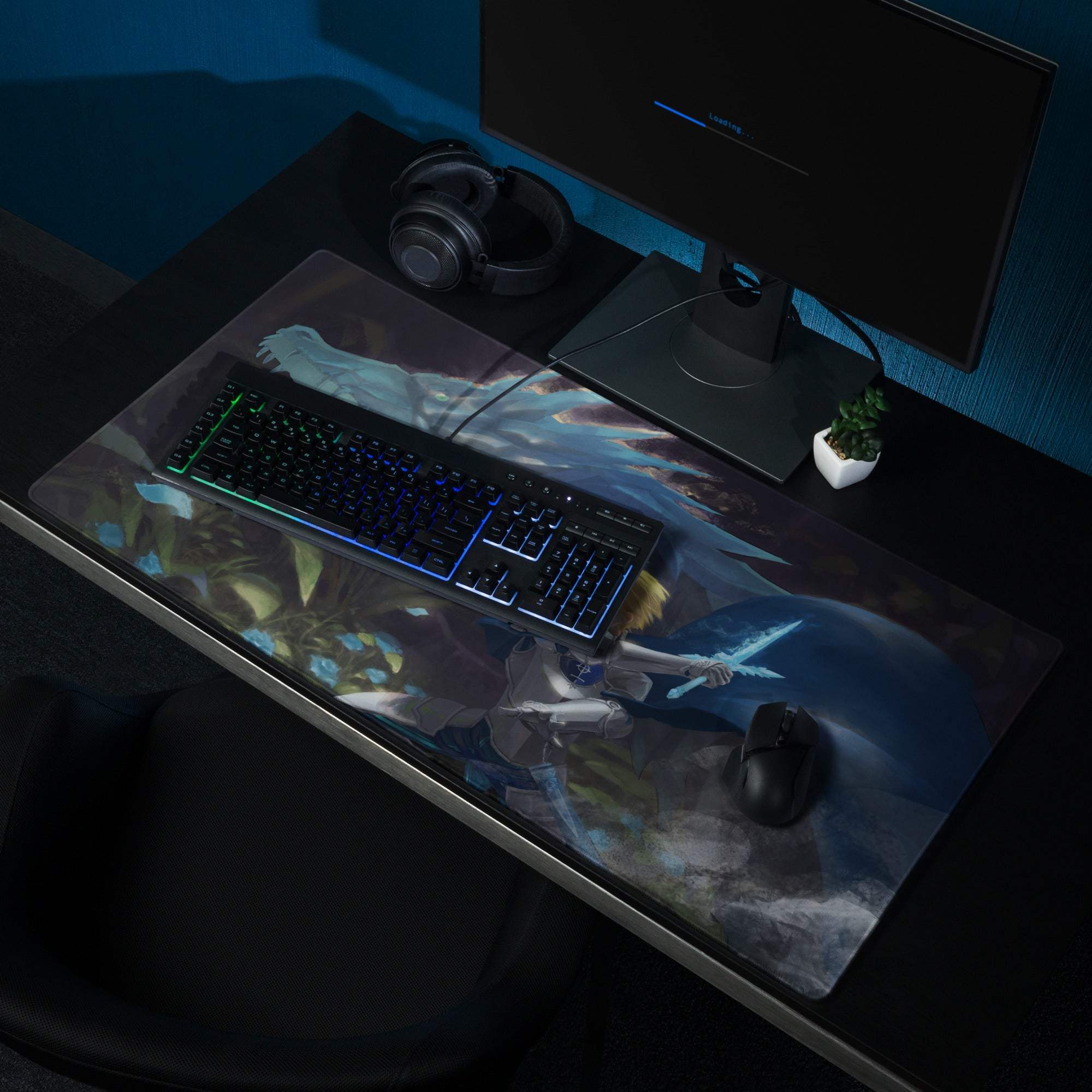 Epic dark fantasy knight with blonde hair, sword, dragon battle gaming mouse pad