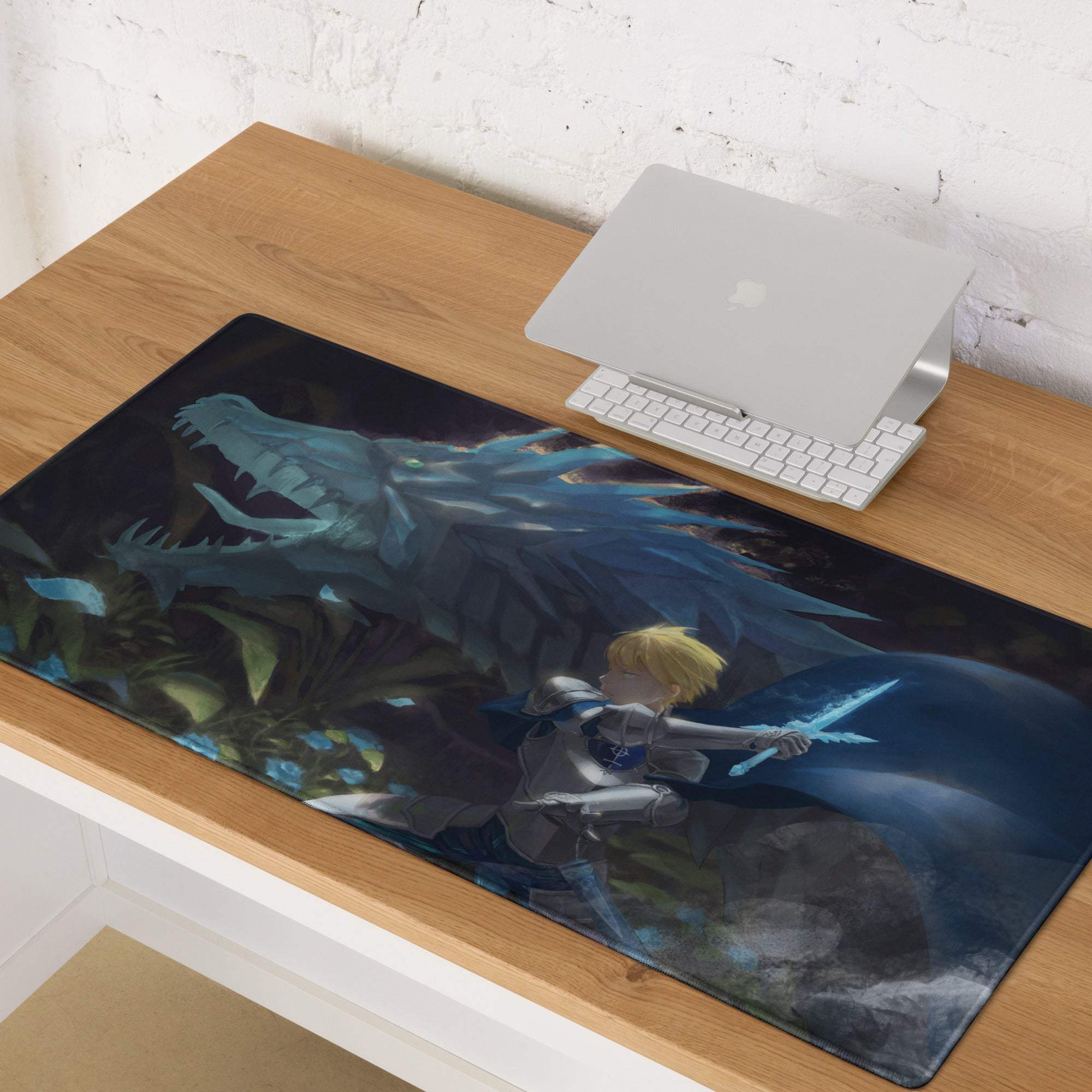 Epic dark fantasy knight vs teal dragon gaming mouse pad
