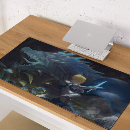 Epic dark fantasy knight vs teal dragon gaming mouse pad
