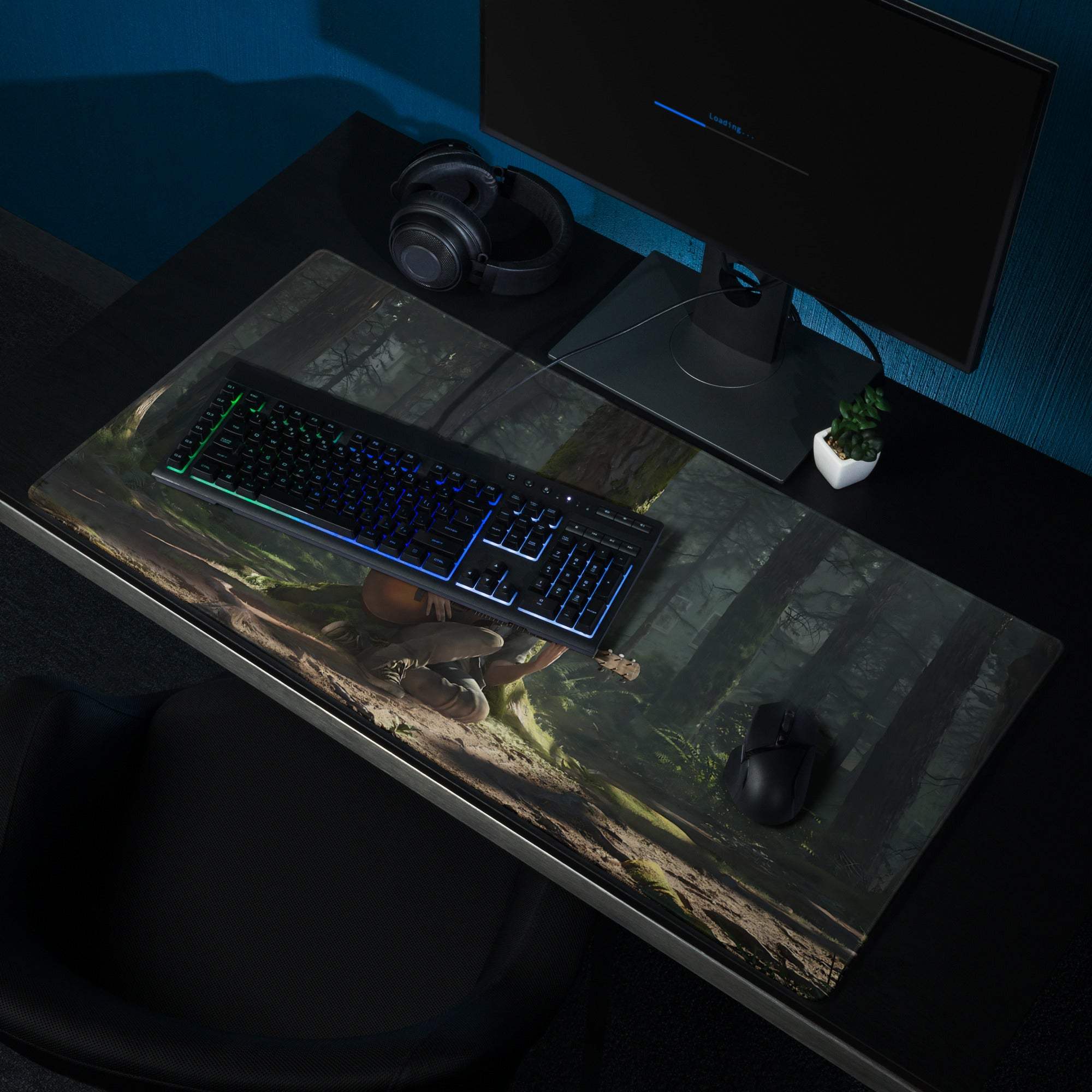 Cinematic forest guitarist gaming mouse pad in moody green tones