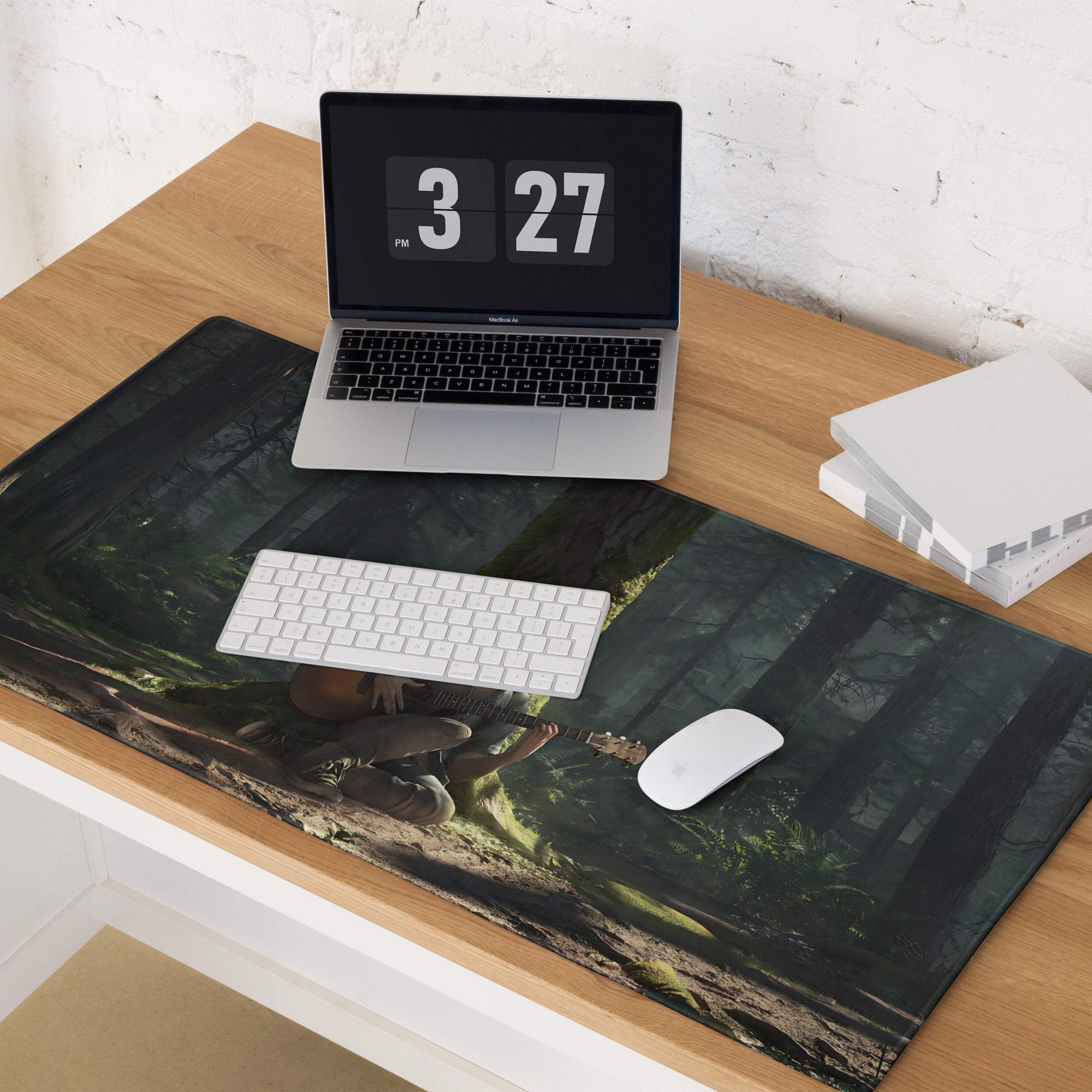 Cinematic forest guitarist gaming mouse pad with moody green tones
