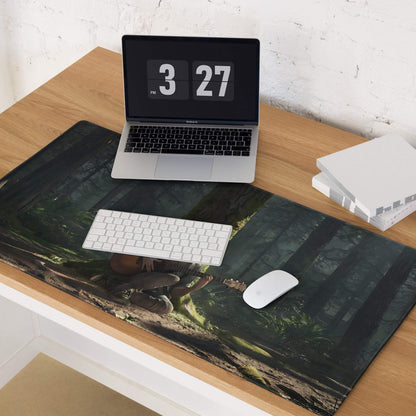 Cinematic forest guitarist gaming mouse pad with moody green tones