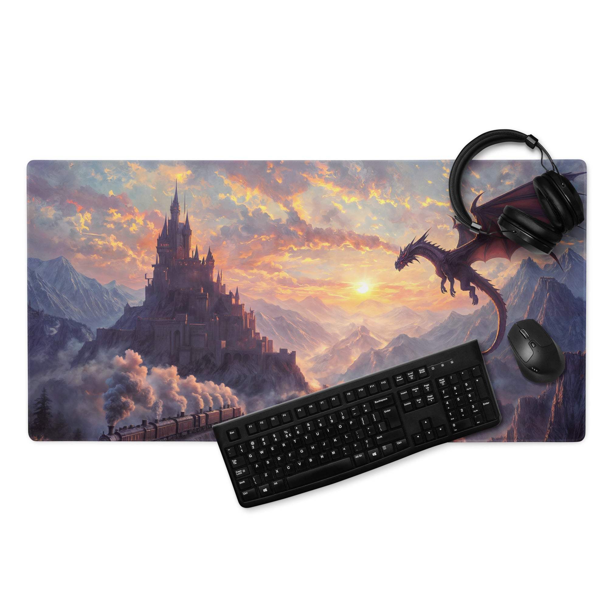 Epic fantasy dragon over castle at sunset large gaming mouse pad