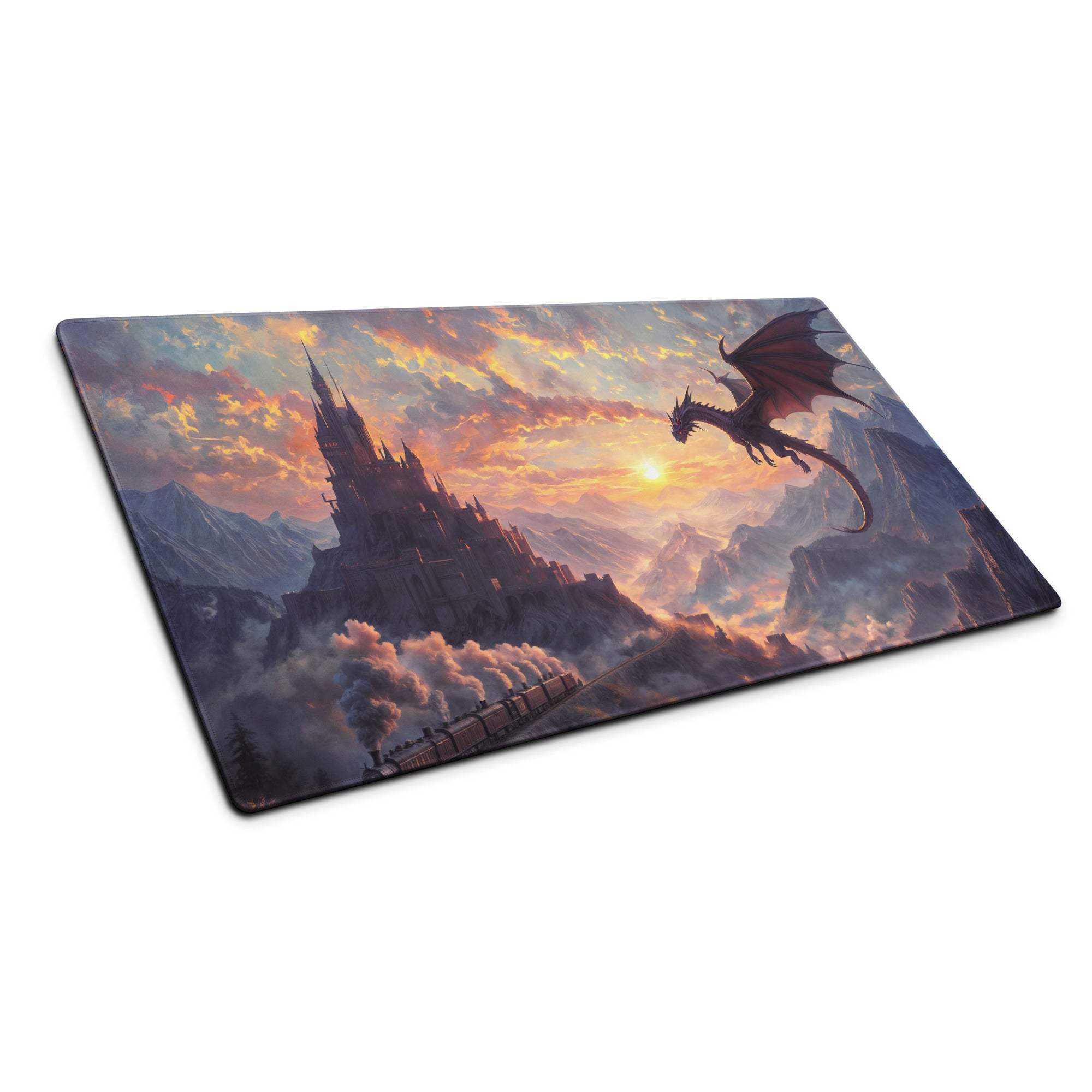 Epic fantasy dragon over castle at sunset large gaming mouse pad