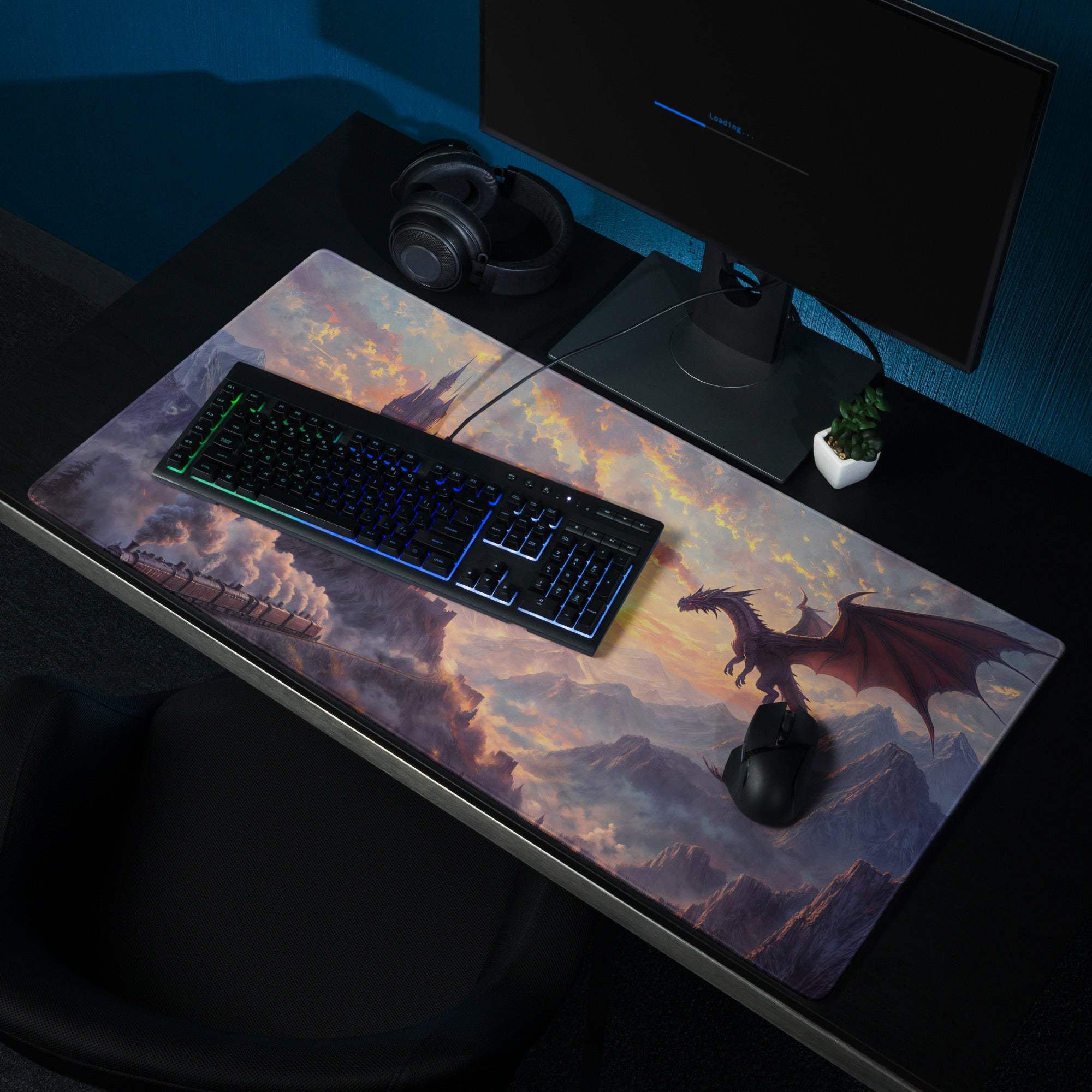 Epic fantasy dragon over castle at sunset large gaming mouse pad