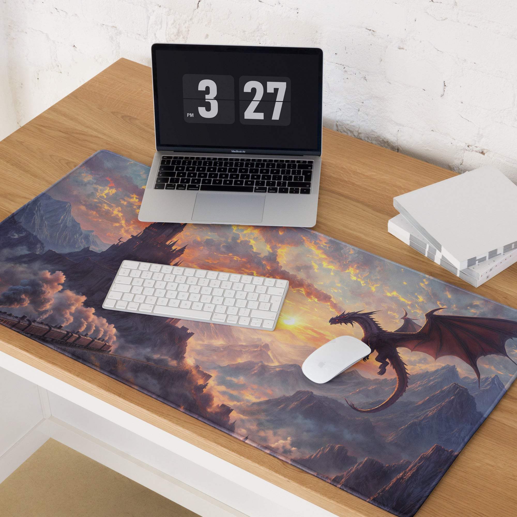 Epic fantasy dragon over castle at sunset gaming mouse pad, large non-slip