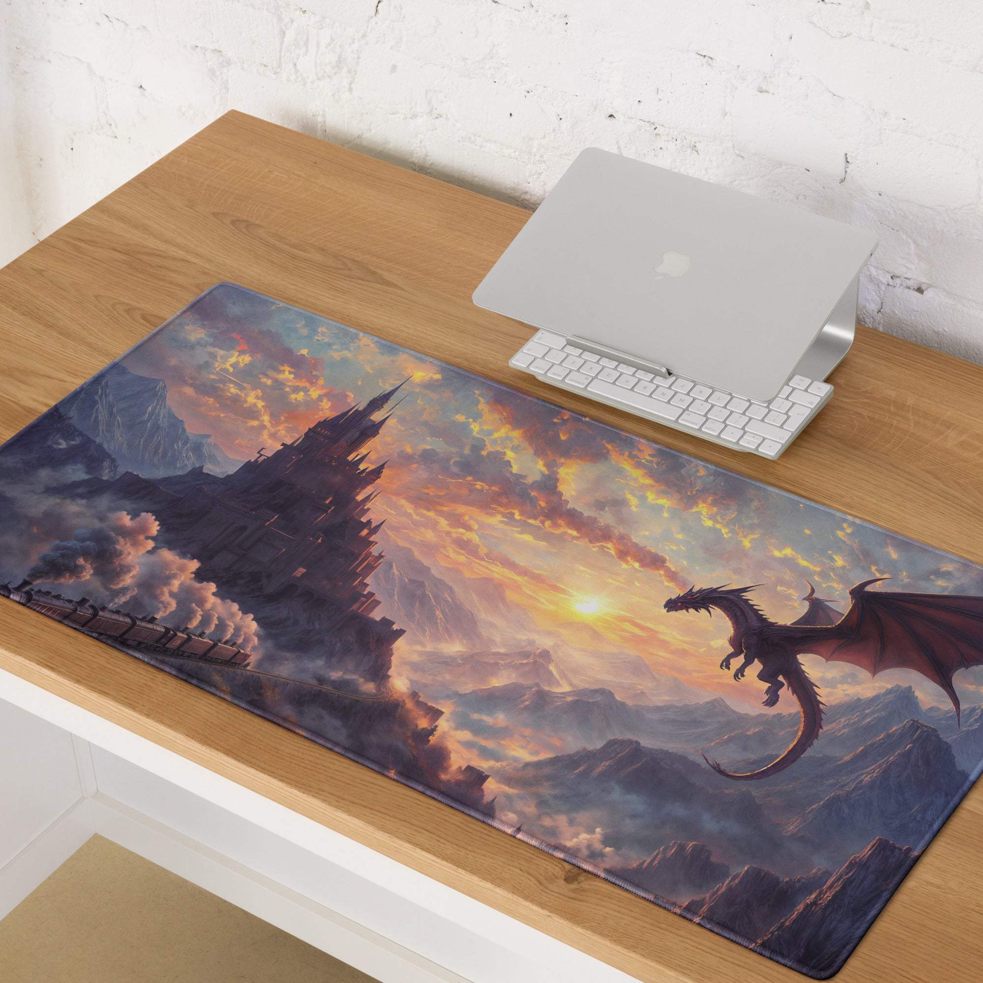 Epic fantasy dragon over castle at sunset large gaming mouse pad