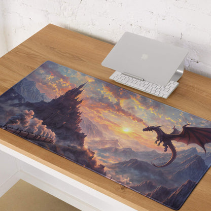 Epic fantasy dragon over castle at sunset large gaming mouse pad