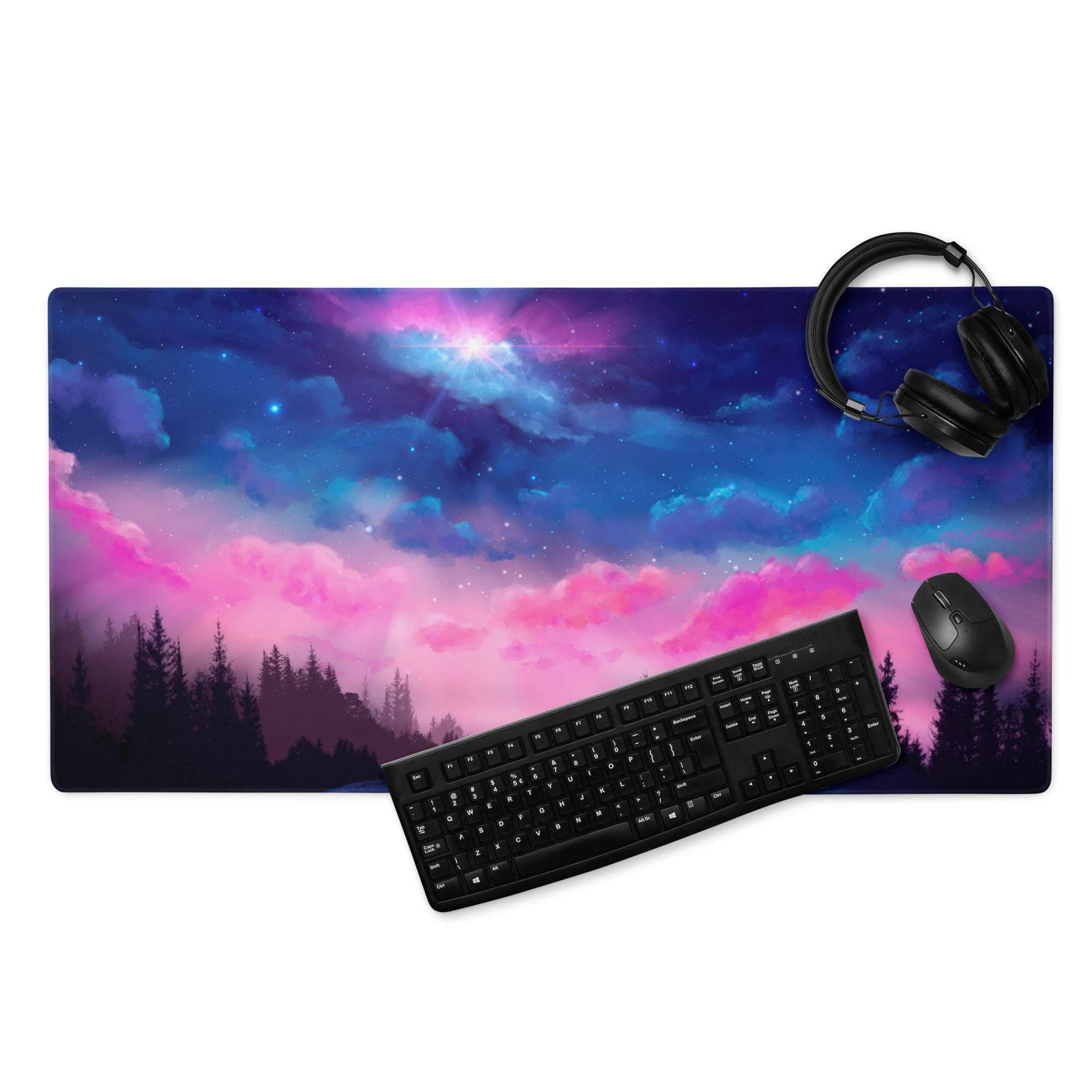 Dreamy pink purple night sky gaming mouse pad with starry landscape and non-slip base