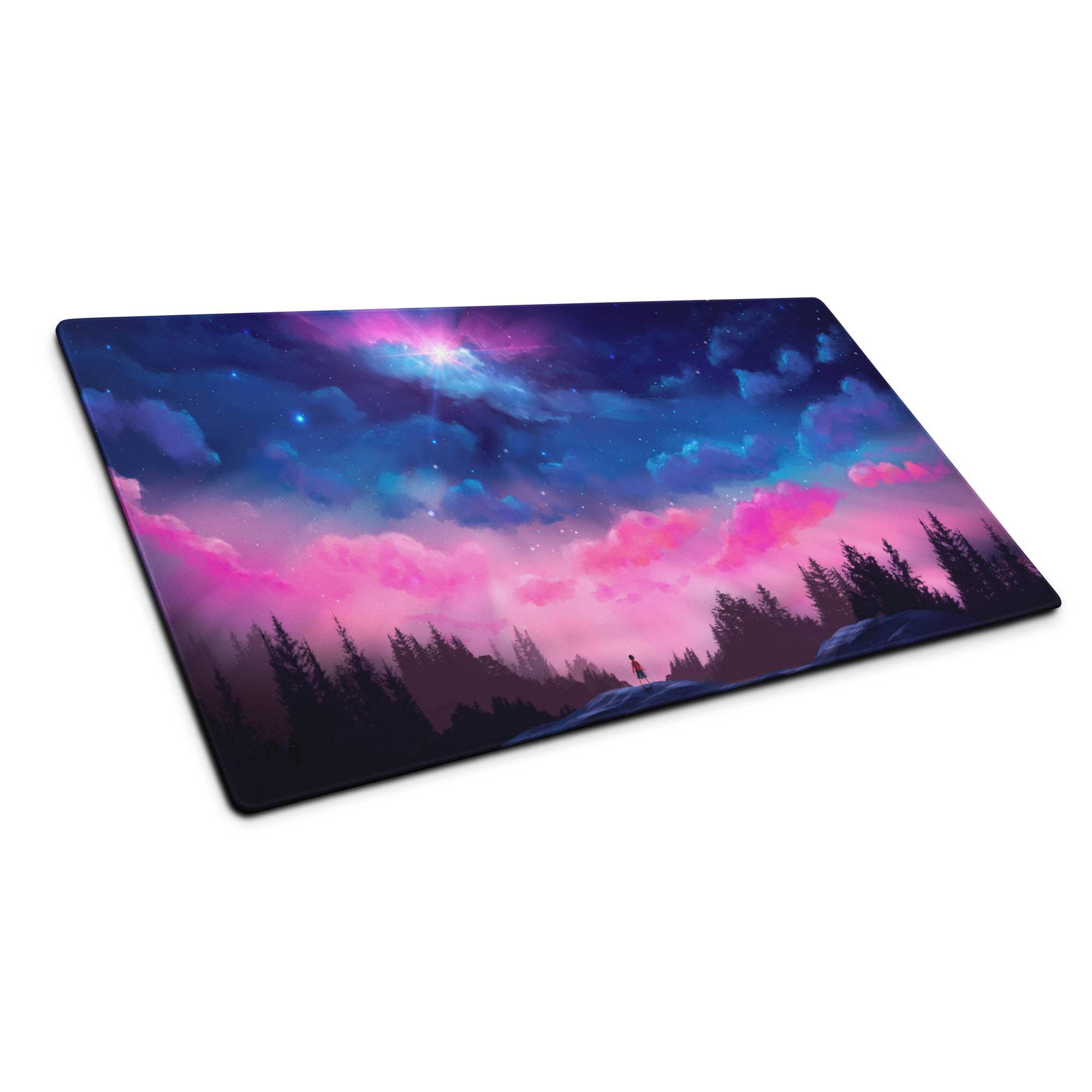 Dreamy pink purple night sky gaming mouse pad with silhouetted pines