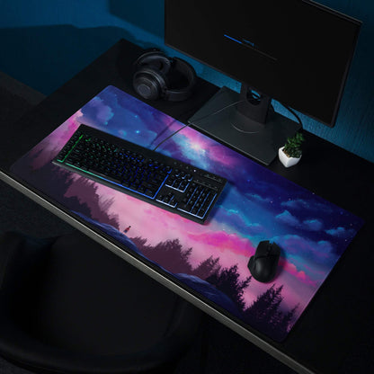 Dreamy pink purple night sky gaming mouse pad with starry landscape and non-slip base
