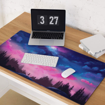 Vibrant pink purple nebula galaxy mousepad with tree silhouettes, non-slip base