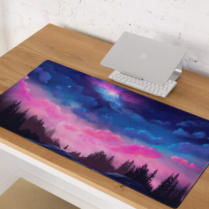 Large dreamy pink purple night sky gaming mouse pad with nebulae and pine trees