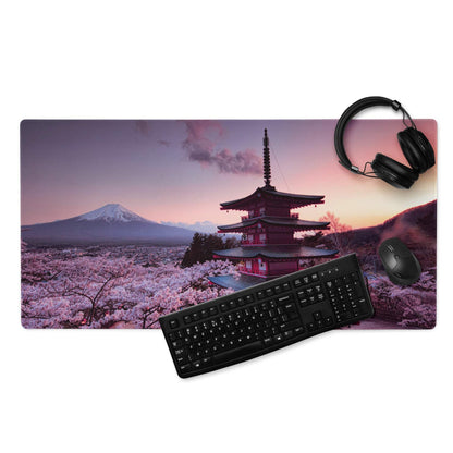 Scenic Mount Fuji pagoda cherry blossoms gaming mouse pad pink sunset