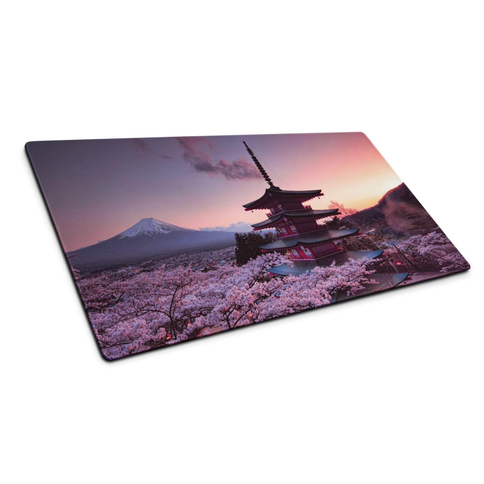 Pink sunset Mount Fuji cherry blossom pagoda gaming mouse pad