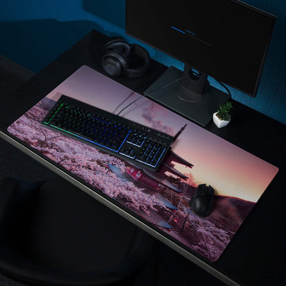 Scenic Sakura gaming mouse pad with cherry blossoms, Japanese architecture, pink sunset, non-slip base