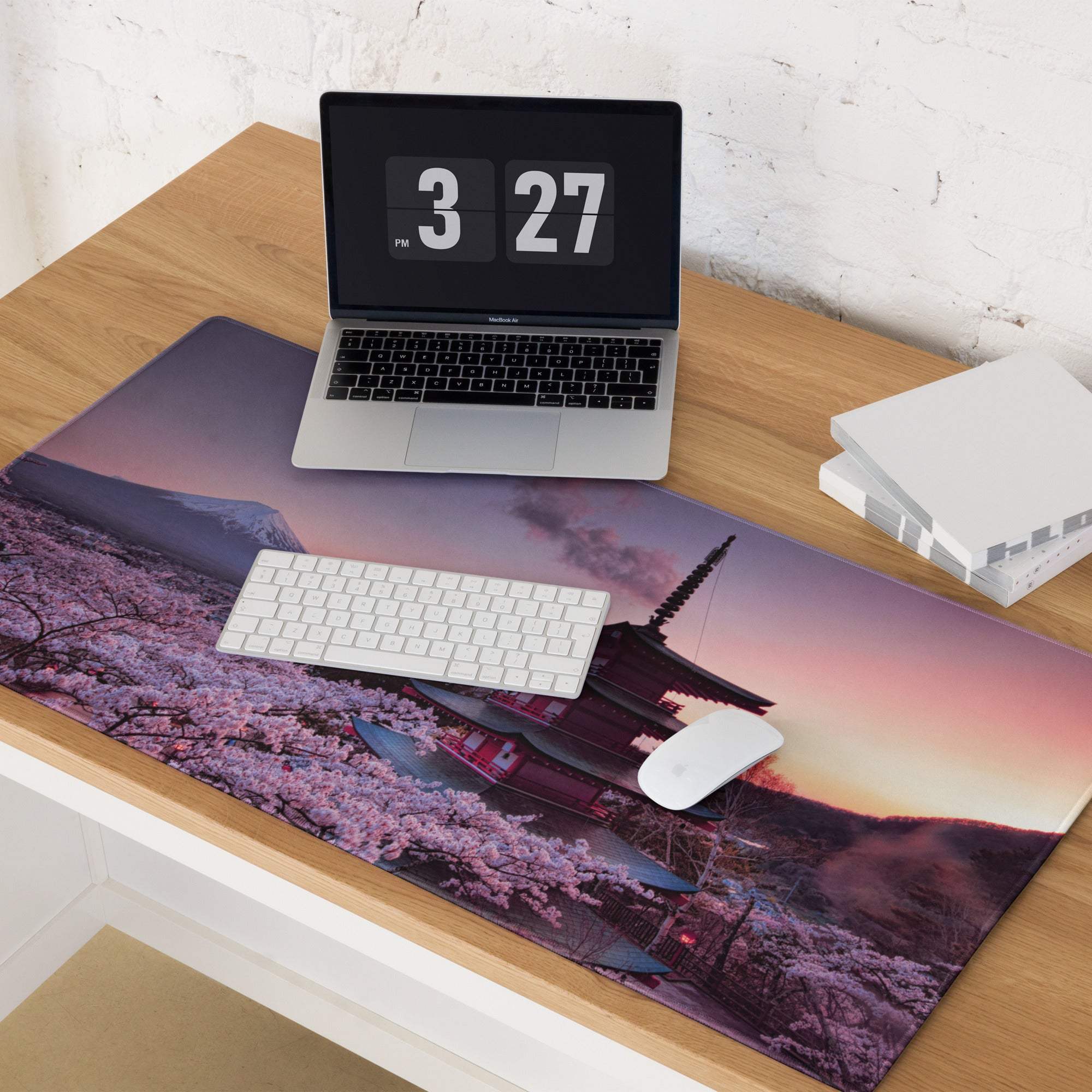 Scenic Sakura pagoda gaming mouse pad with pink sunset, non-slip base