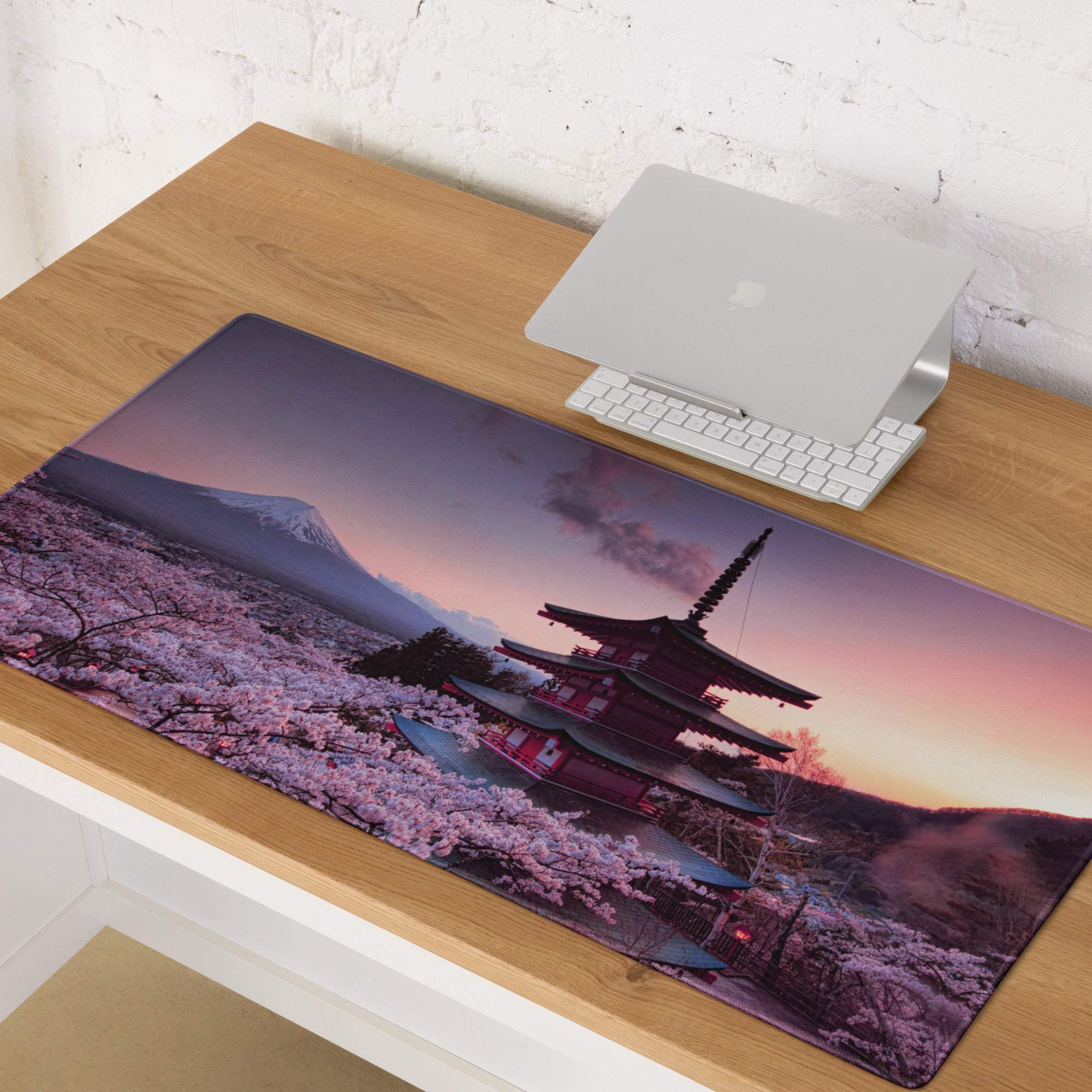 Scenic Sakura pagoda mousepad with pink sunset, cherry blossoms, non-slip base