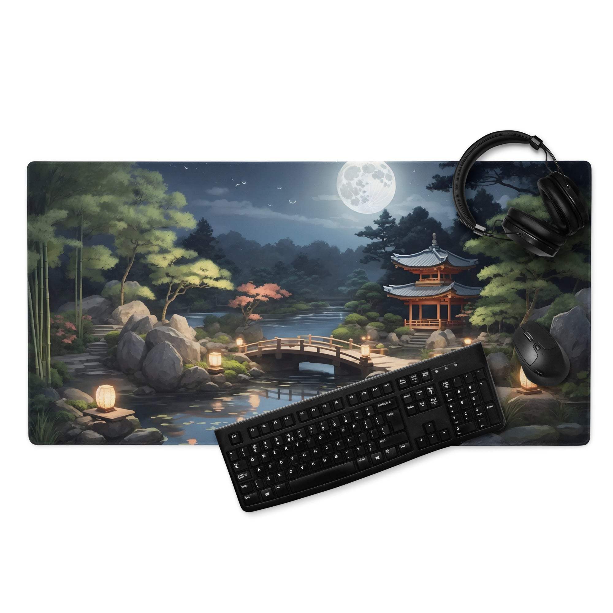 Moonlit Zen Japanese garden gaming mouse pad with full moon, lanterns