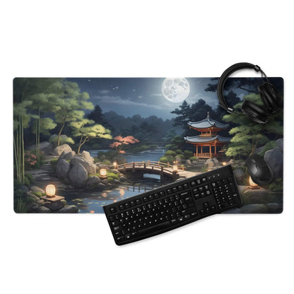 Moonlit Zen Japanese garden gaming mouse pad with full moon, lanterns