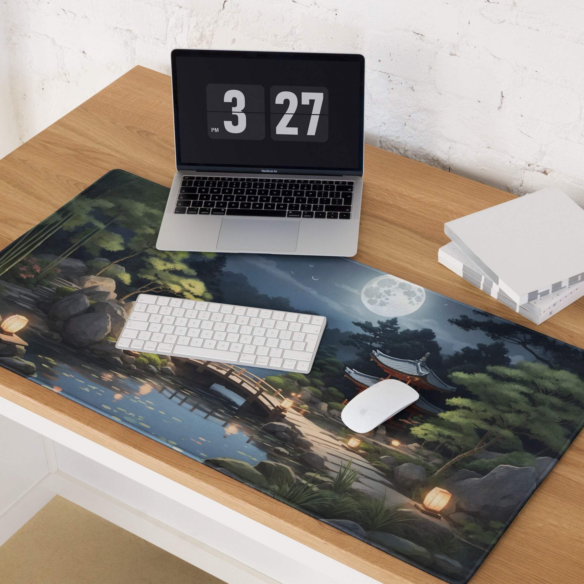 Moonlit Zen Garden gaming mouse pad with serene Japanese scene, large non-slip