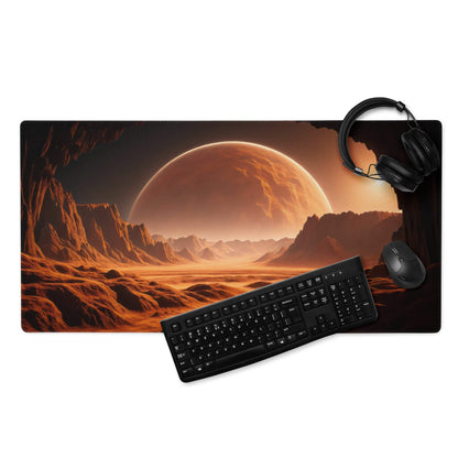 Cinematic fiery orange Martian landscape gaming mouse pad with non-slip backing
