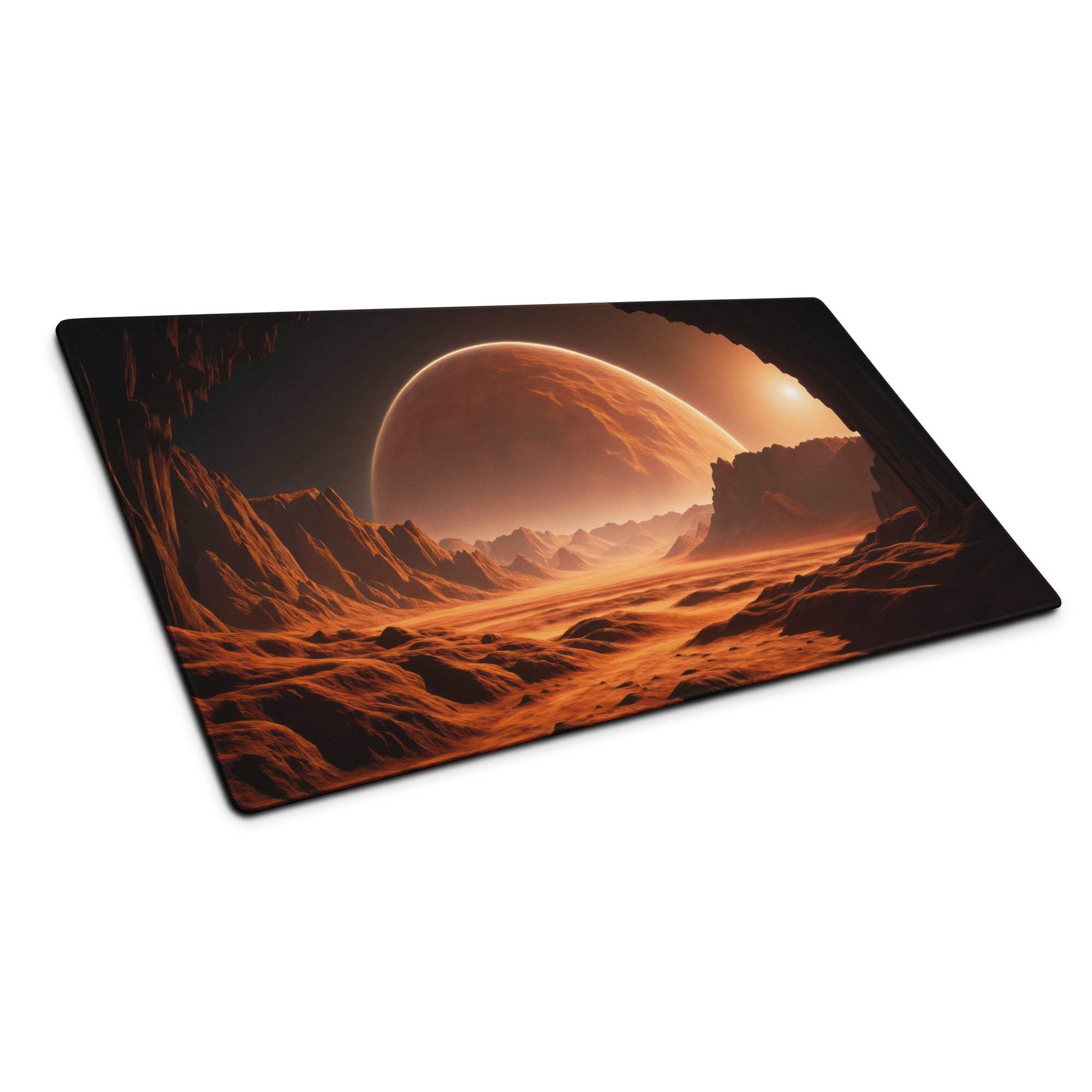 Cinematic gaming mouse pad with fiery orange sunset Martian landscape