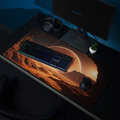 Cinematic gaming mouse pad with fiery orange sunset Martian landscape
