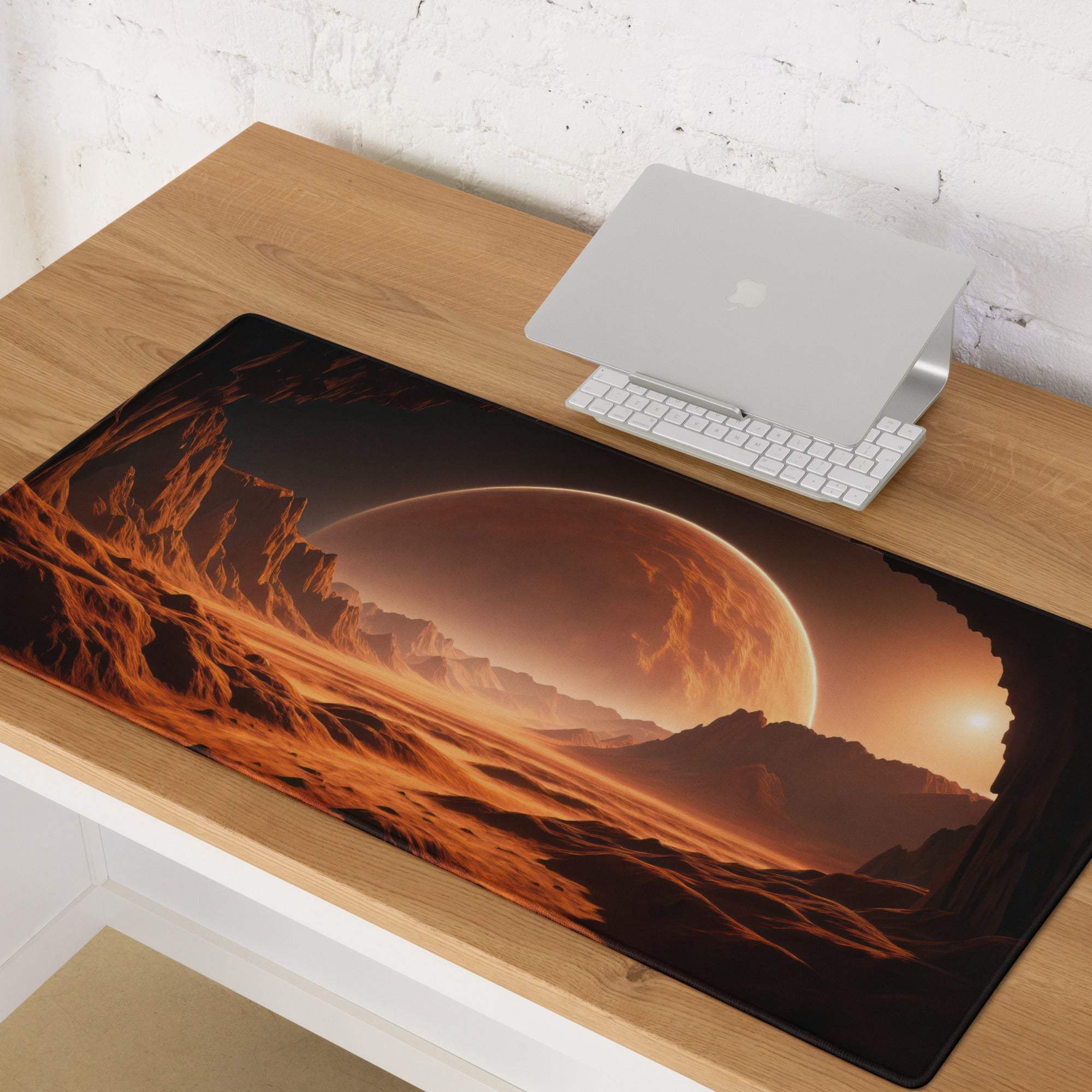 Cinematic gaming mouse pad with fiery orange sunset Martian landscape