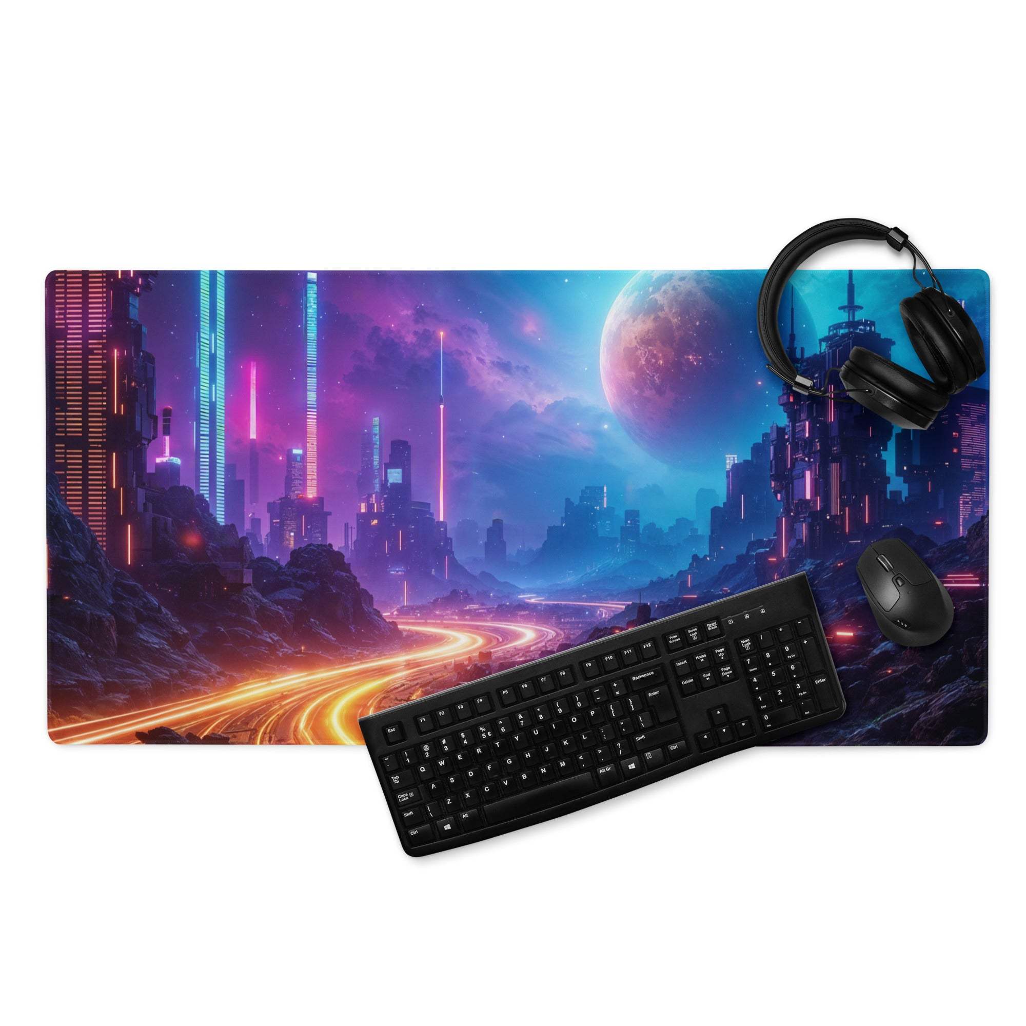 Cyberpunk neon city nightscape gaming mousepad with nebula purple blue pink design