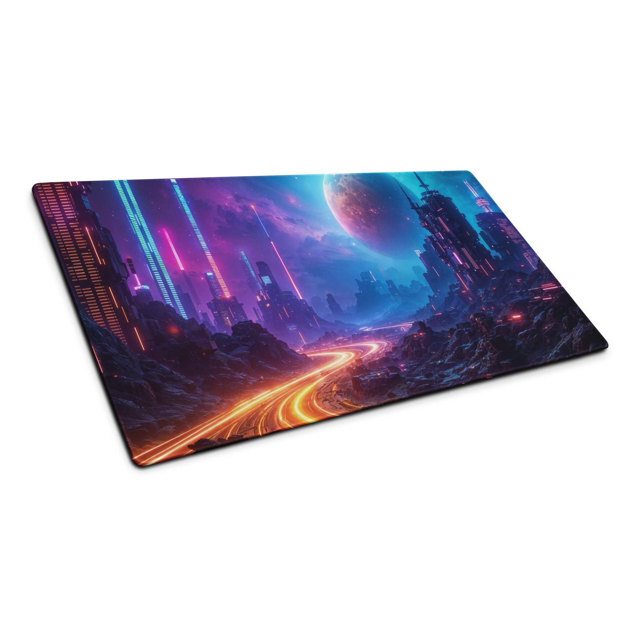 Large cyberpunk neon city nightscape gaming mousepad with non-slip base