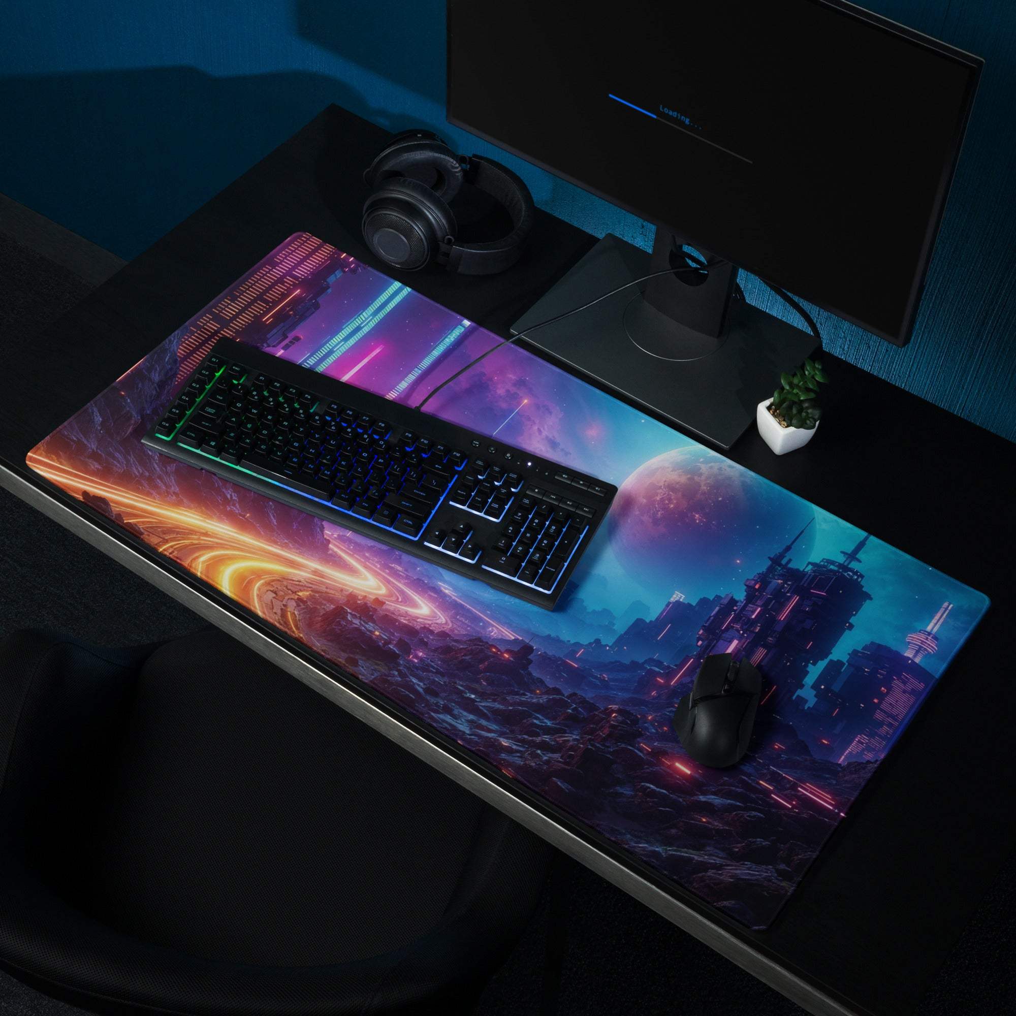 Cyberpunk neon city nightscape gaming mouse pad with non-slip base