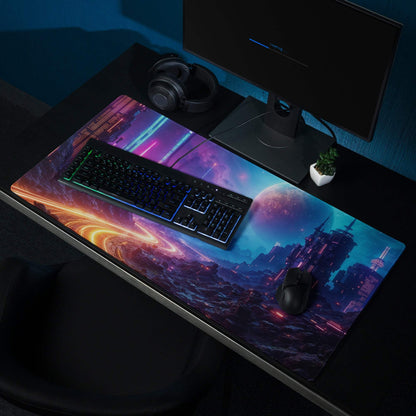 Cyberpunk neon city nightscape gaming mouse pad with non-slip base