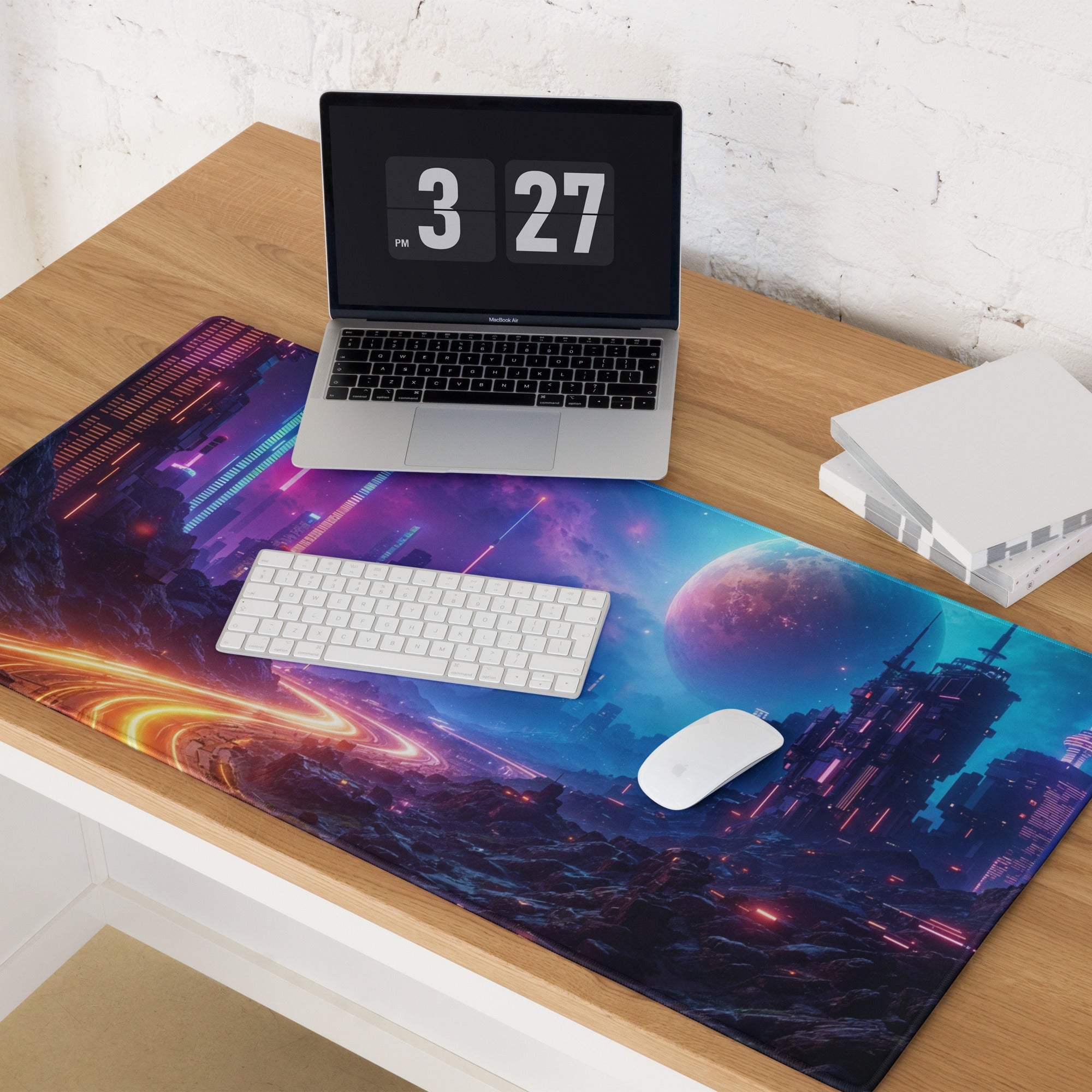 Vibrant cyberpunk neon city nightscape gaming mouse pad large non-slip stitched