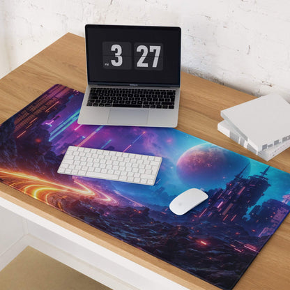 Vibrant cyberpunk neon city nightscape gaming mouse pad large non-slip stitched