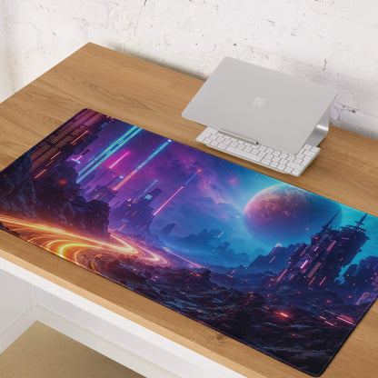 Cyberpunk neon city nightscape gaming mouse pad with cosmic planet glow