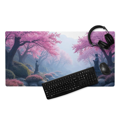 Dreamy pink cherry blossom gaming mouse pad with serene forest scene