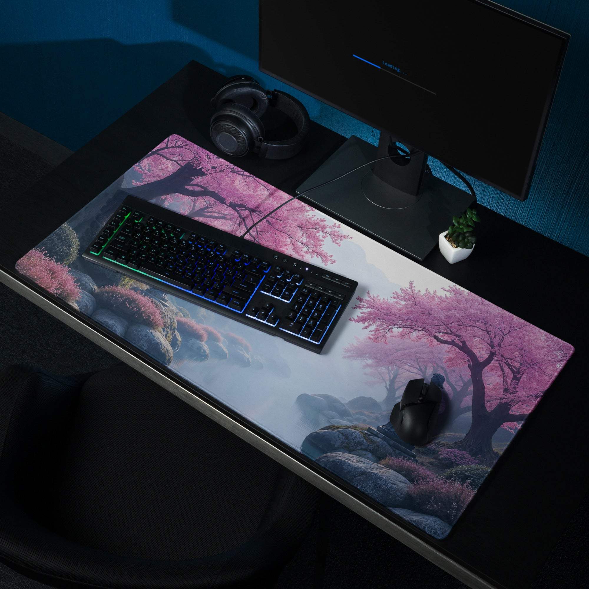 Dreamy pink cherry blossom gaming mouse pad with non-slip base