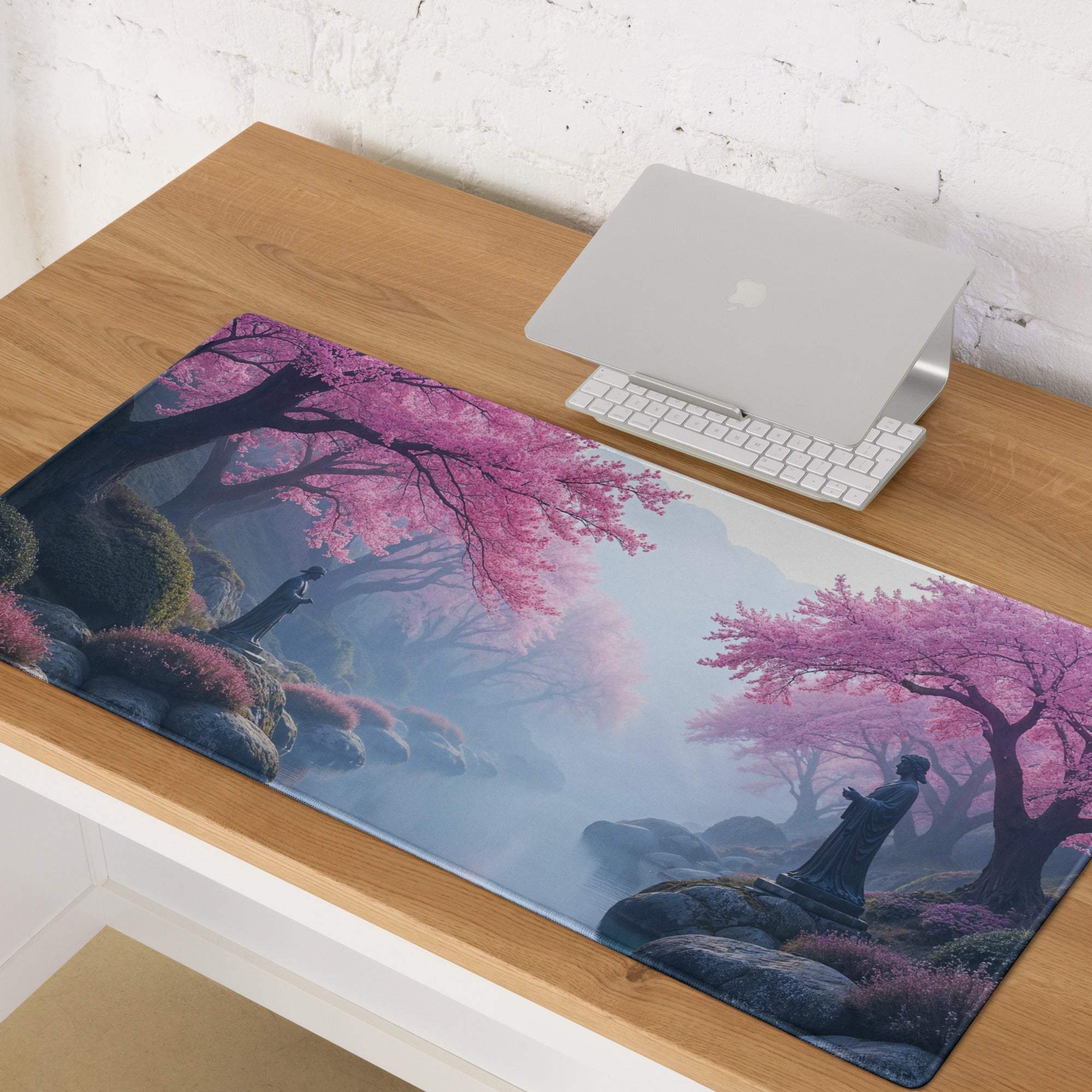 Dreamy pink cherry blossom landscape gaming mouse pad with non-slip base