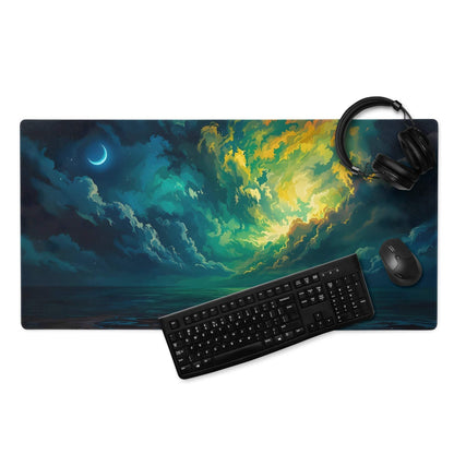 Vibrant aurora night sky gaming mouse pad with teal clouds, crescent moon, edge stitching, non-slip base