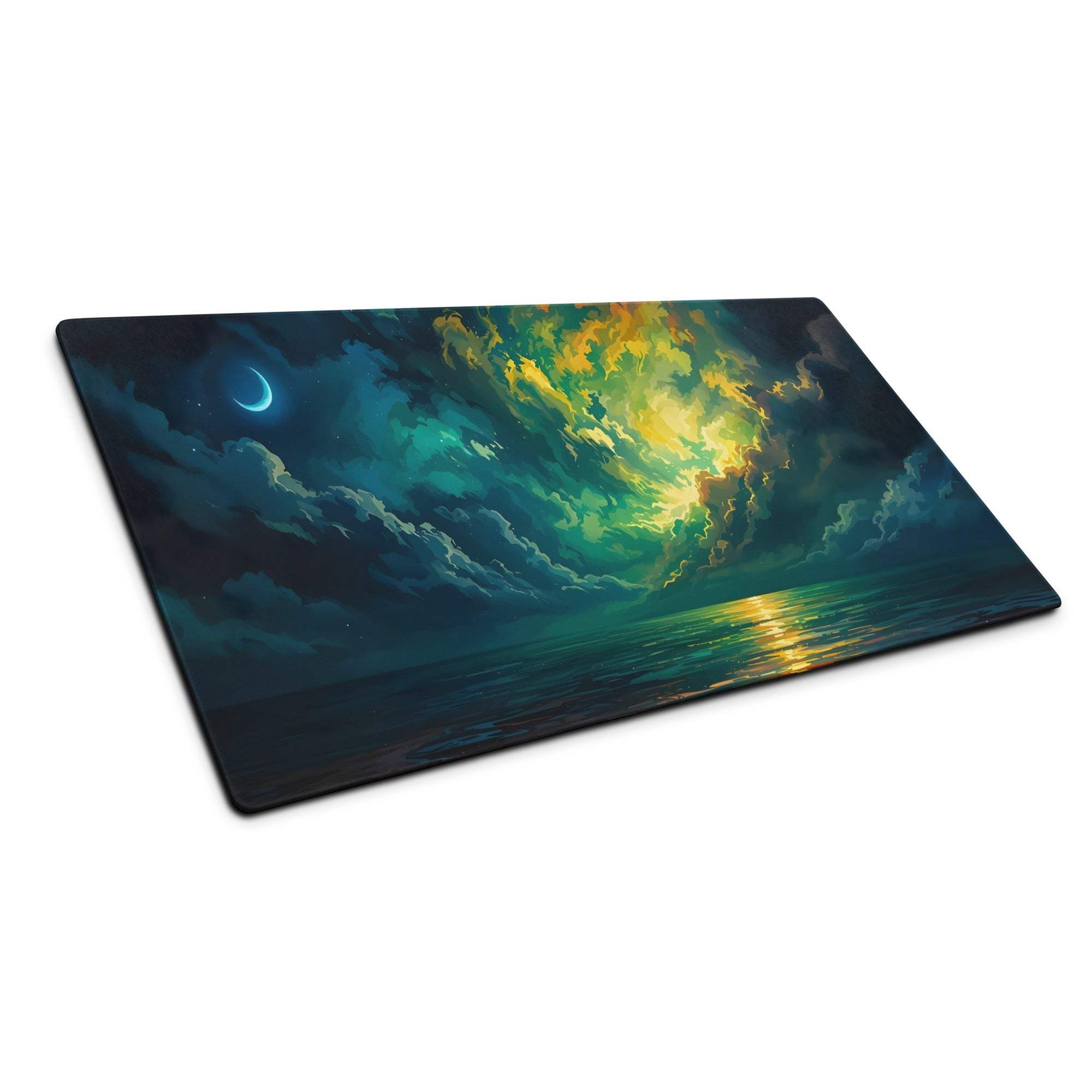 Vibrant aurora night sky gaming mousepad with moonlit ocean, edge stitching, non-slip base