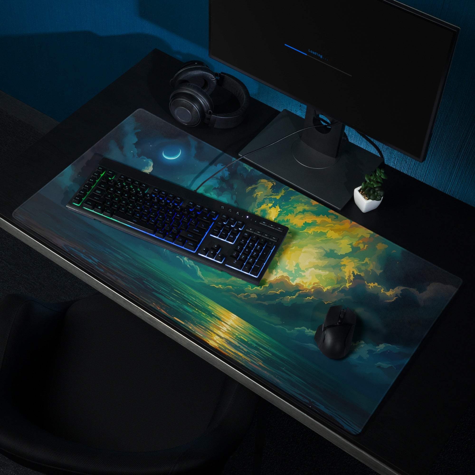 Vibrant aurora night sky gaming mouse pad with teal gold twilight, edge stitching, non-slip base