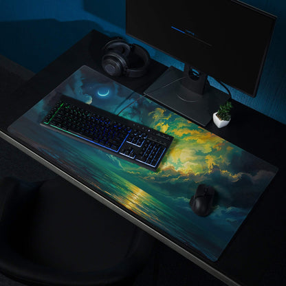 Vibrant aurora night sky gaming mouse pad with teal gold twilight, edge stitching, non-slip base