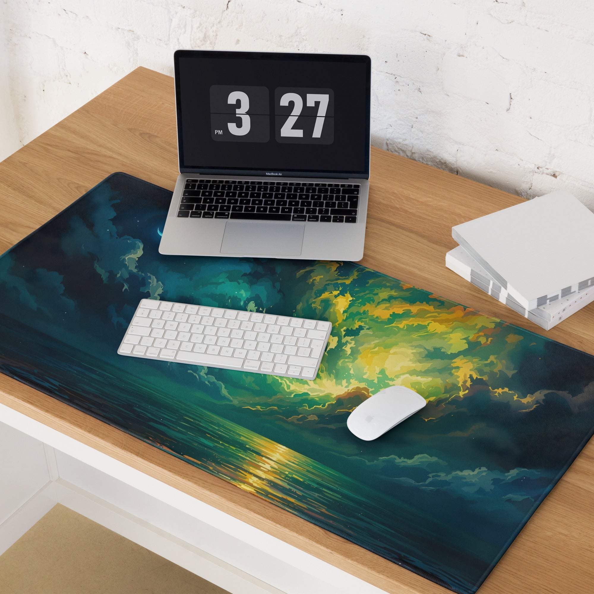 Vibrant aurora night sky gaming mousepad with teal nebula, edge stitching, non-slip base